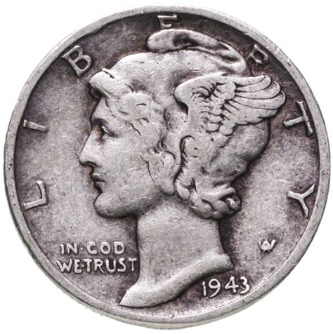 Монета США 10 центов 1943 стоимостью 1116 руб.