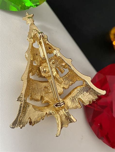 Vintage Signed Jj Jonette Rhinestone Christmas Tree Pin Brooch Brushed