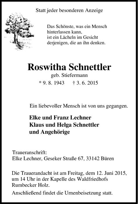 Traueranzeigen Von Roswitha Schnettler Trauer In Nrw De