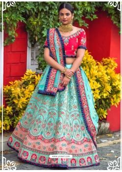 Buy Firozi Naylon Satin Heavy Embroidered Designer Wedding Lehenga