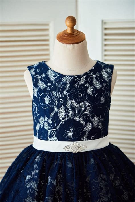 Princess Navy Blue Lace Ivory Tulle Wedding Flower Girl Dress Princessly