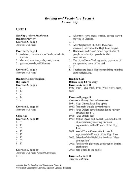 Focus Reading And Voc 4 Answer Key Answer Key For Reading And