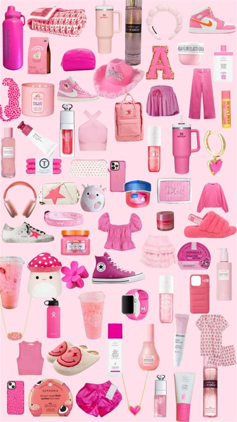 a pink poster with lots of different items on it