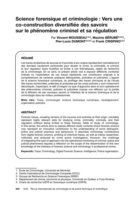 PDF Science Forensique Et Criminologie Vers Une Co Construction