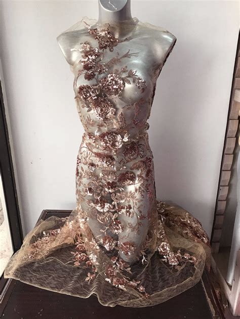 Pink Rose Gold Beaded Lace Fabric Nude Tulle Embroidered With Sequins Roses Floral Pattern