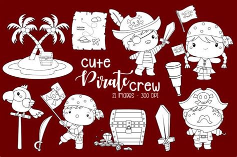 Pirate Crew Clipart Cute Kids Coloring Graphic By Inkley Studio