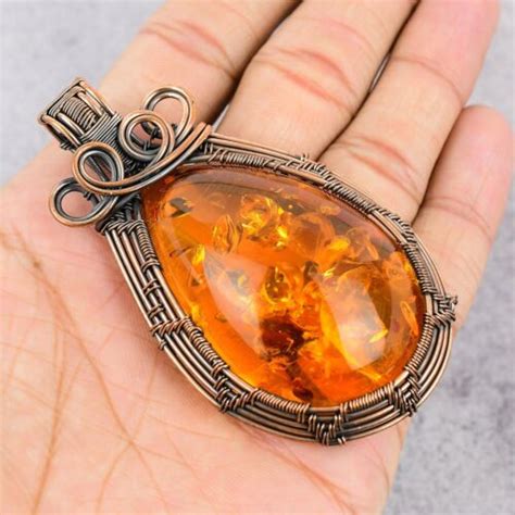 Tree Of Life Baltic Amber Gemstone Copper Wire Wrapped Handmade Pendant