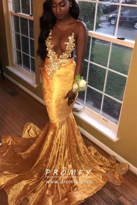 Shiny Gold Velvet And Lace Sexy Flounced Prom Gown Promfy