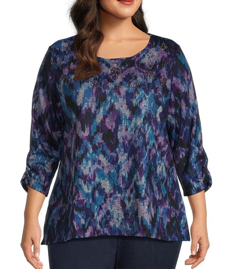 Allison Daley Plus Size Abstract Herringbone Print Embellished 3 4 Ruched Sleeve Crew Neck