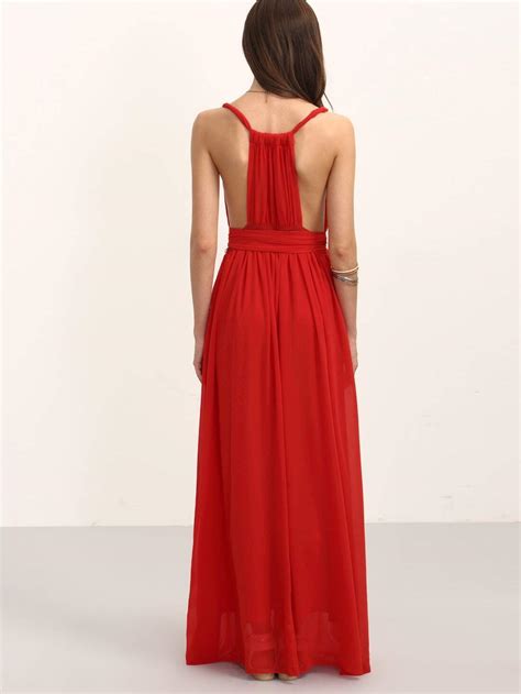 Red V Neck Tie Waist Sleeveless Maxi Dress SheIn Sheinside