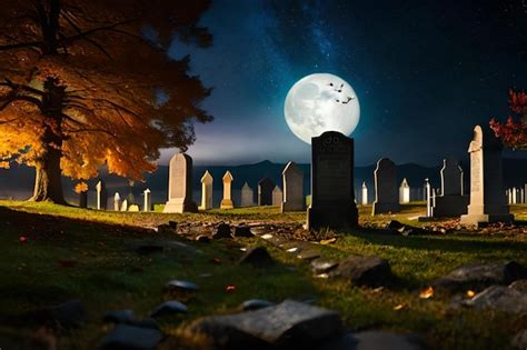 La Luna Llena Brilla Sobre Un Cementerio Por La Noche Foto Premium