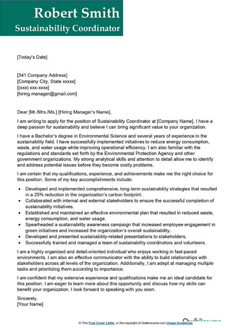 Sustainability Coordinator Cover Letter Examples Qwikresume