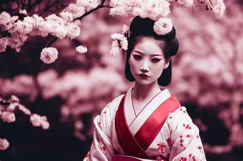 Premium Photo Araffe Woman In Kimono Dress With Cherry Blossoms In