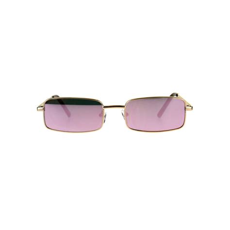 Sa106 Mens Retro Vintage Narrow Rectangular Og Mirror Lens Sunglasses Gold Pink