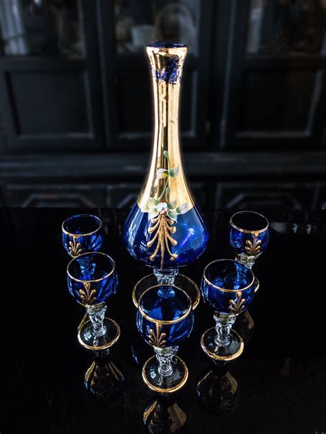 Vintage Cobalt Blue And Gold Murano Crystal Decanter With 5 Glasses 24 Kt Vintagedining