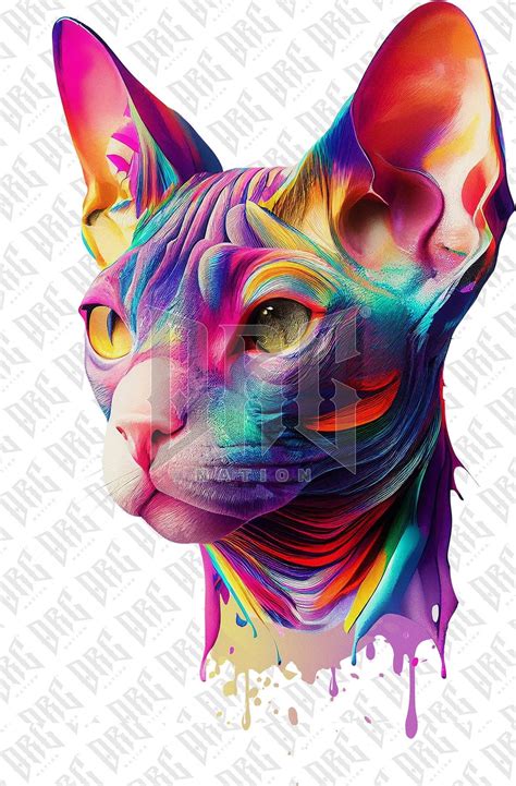 Sphynx Cat PNG Colorful Naked Cat Sublimation For Shirts Art Mugs Tumbler Cat Portrait PNG