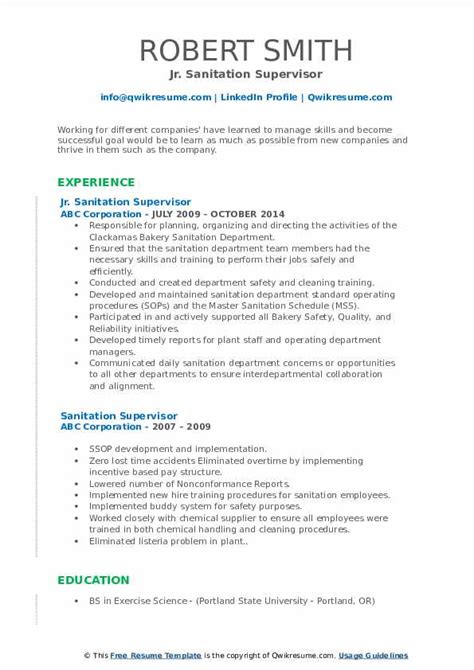 Sanitation Supervisor Resume Samples Qwikresume