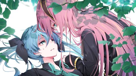 2girls Aqua Eyes Aqua Hair Close Hatsune Miku Headband Leaves Long Hair Megurine Luka Pink Hair