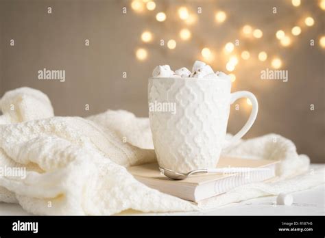 Christmas Hot Chocolate With Marshmallows In White Mug Copy Space Hot Cocoa Drink For