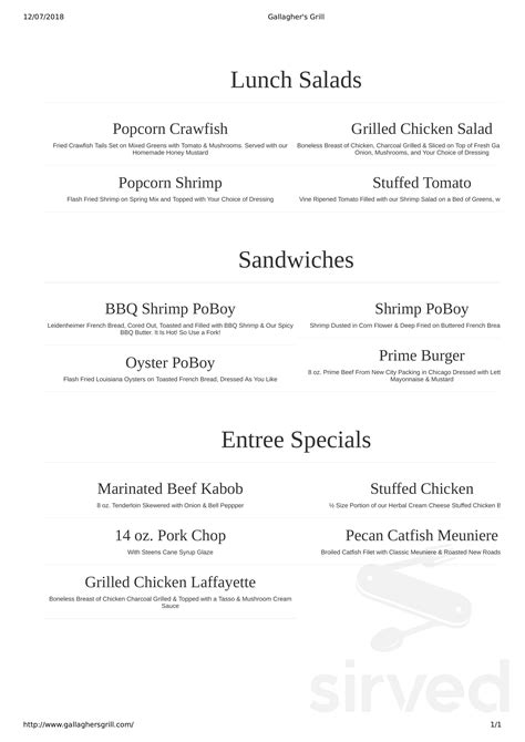 Gallaghers Grill Menus In Covington Louisiana United States