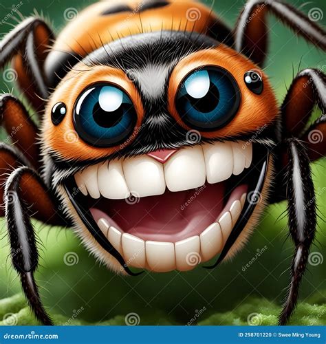 Image of Cartoon Jumping Spider Smiling Like Human Mouth Feature. Stock