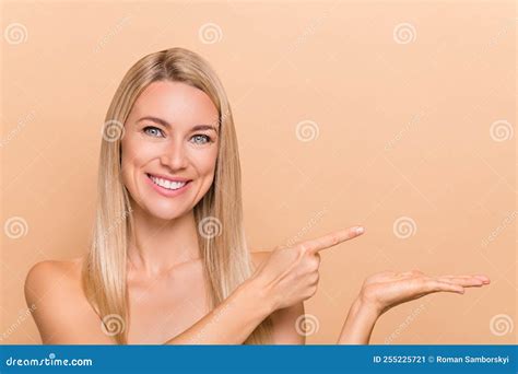 Photo Of Blonde Hair Lady Hold Hand Point Finger Empty Space Recommend Pure Skin Peeling Offer