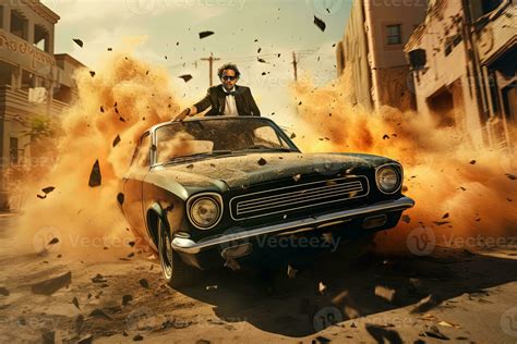 Action shot with man running away from explosion on car. Dynamic scene ...