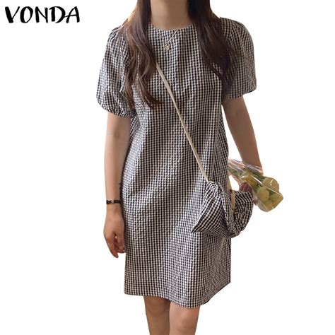 VONDA Women Korean Summer Round Neck Puff Sleeve Short Sleeve Plaid