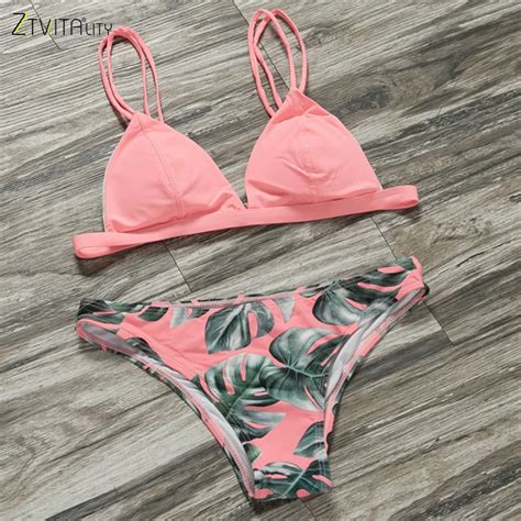 Swimsuit 2018 Hot Sale Palm Leaf Print Bikinis Women Spaghetti Straps Push Up Bikini Beachwear