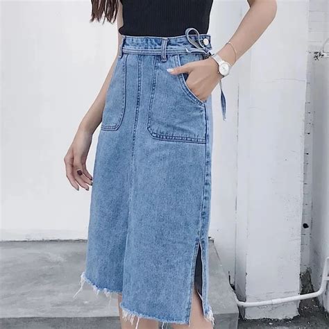 A Line Midi Denim Skirt For Women Knee Length High Waist Jeans Skirt