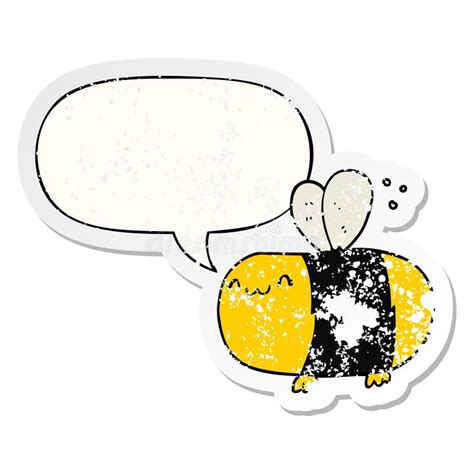 A Creative Cute Cartoon Bee And Speech Bubble Distressed Sticker Stock