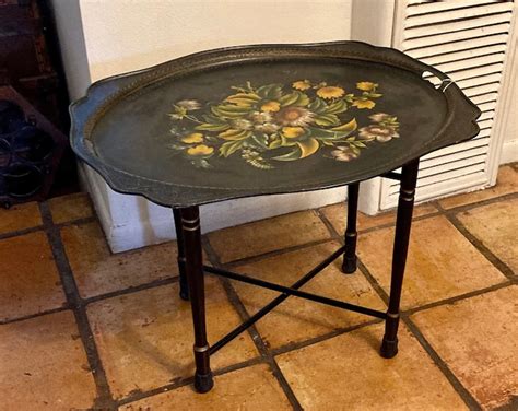 Vintage Metal Black Toleware Table With Faux Bamboo Folding Legs