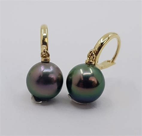 14 Kt Gold Earrings 9mm Peacock Tahitian Pearl Drops Catawiki