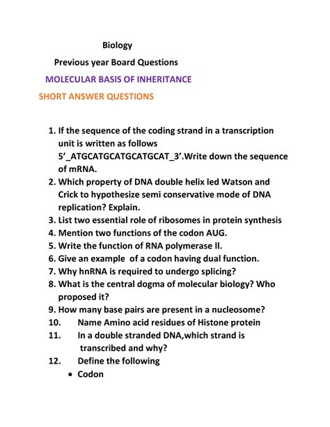 Molecular Basis Of Inheritance Important Questions Biology Previous