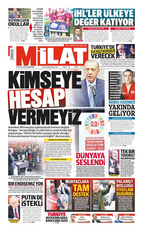 Milat Gazetesi 21 Eylül 2022 Çarşamba Günü Manşeti