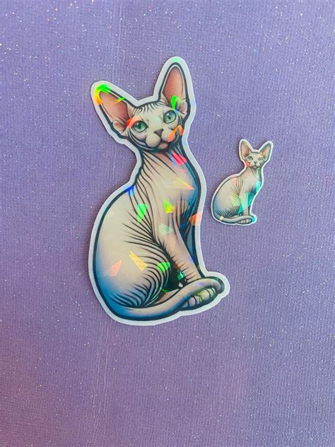 Cute Sphynx Cat Holographic Sparkle Sticker Naked Cat Art Hairless Kitten Sphinx Drinks