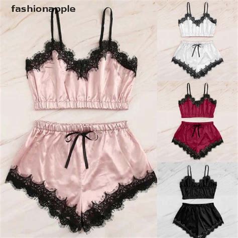 FAPH Women Bow Sleepwear Lingerie Set Strap Nightwear Lace Atin Cami Top Pajama Sets Fad