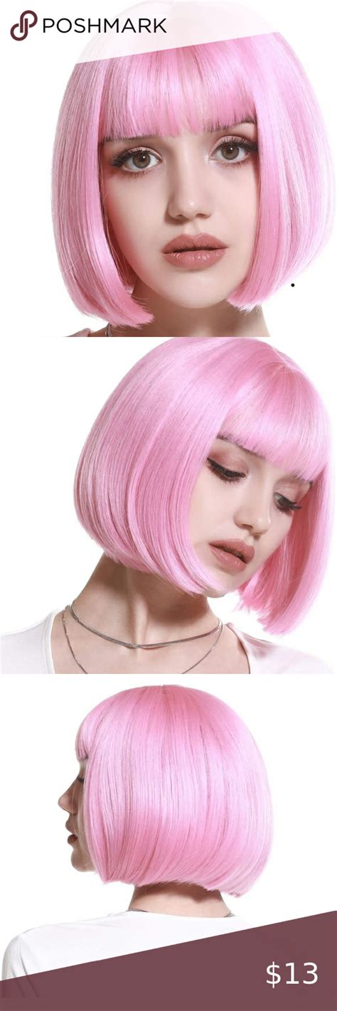 Pink Bob Wigs With Bangs Straight Short Synthetic Colorful Fashion Wig