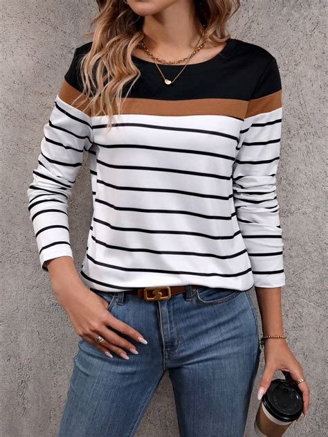 Shein Lune Striped Print Colorblock Tee Shein Usa