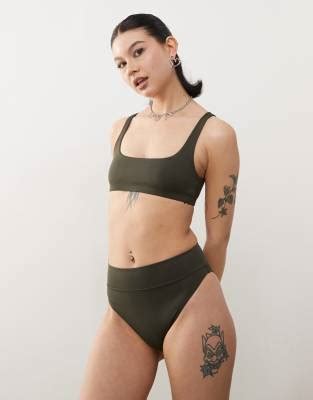 Weekday Heat Mix Match High Waist Bikini Bottoms In Dark Green Exclusive To Asos Asos