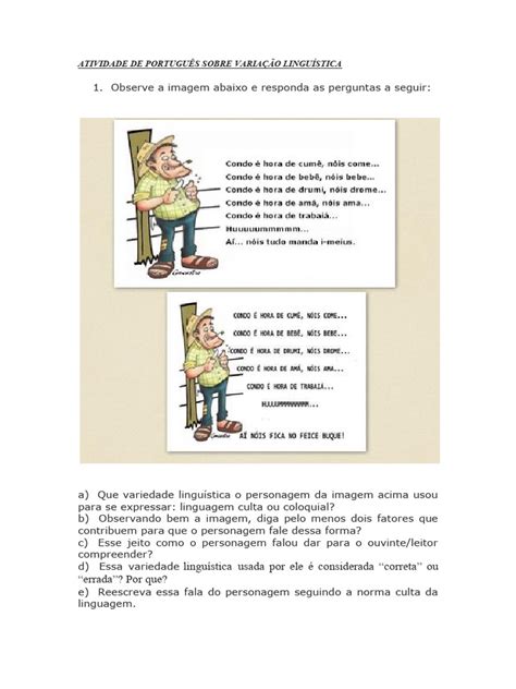 ATIVIDADE DE PORTUGUÊS SOBRE VARIAÇÃO LINGUÍSTICA | PDF | Linguística ...