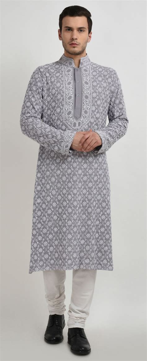 Grey Hand Embroidered Chikankari Pure Georgette Kurta Mens Kurta