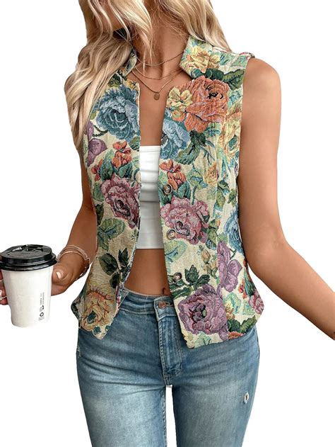 Wdirara Women S Floral Print Waistcoat Notched Neck Button Front Single