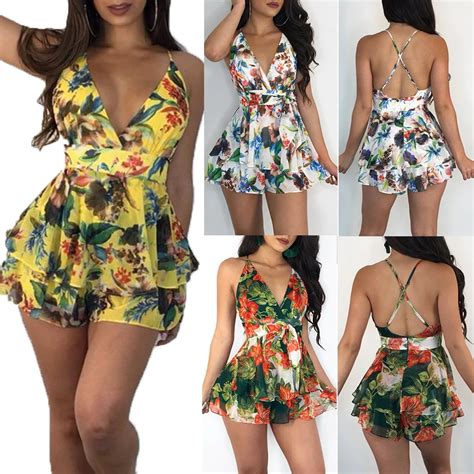 Mujeres Sin Respaldo Floral Mono Tiras Sin Mangas De Split Con Cuello