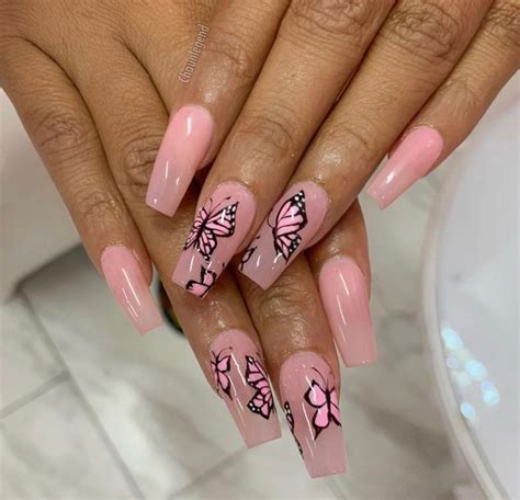 Pink Butterfly Nails 🦋💗 Coffin Nails Designs Cute Acrylic Nail