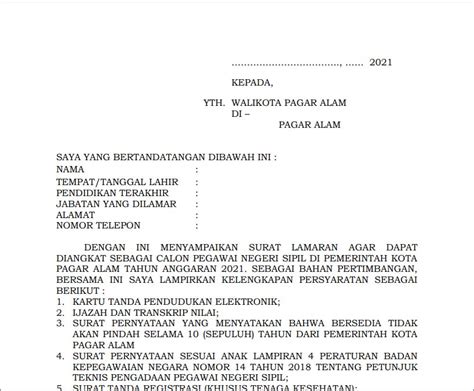 Format Surat Lamaran Dan Pernyataan Pppkcasn Pga 2021 Pagaralamkota