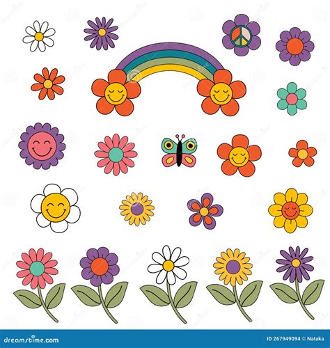 Set Of Groovy Flowers Emoticons Emoji Retro Groove Design 70s Style