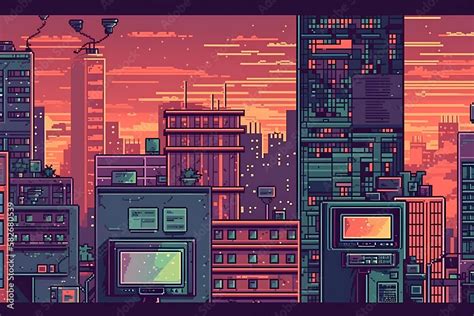 a city retro-style pixel art background. digital art illustration ...