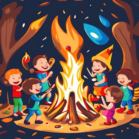 Premium AI Image | Kids around a campfire at night vector art illustration