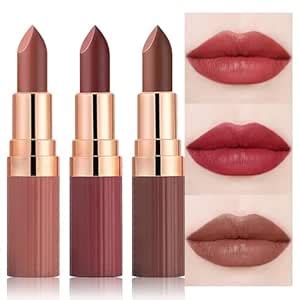 Amazon 3Pcs Nude Rose Bright Red Warm Brown Lip Stick Matte Cream Lipstick Set For Women